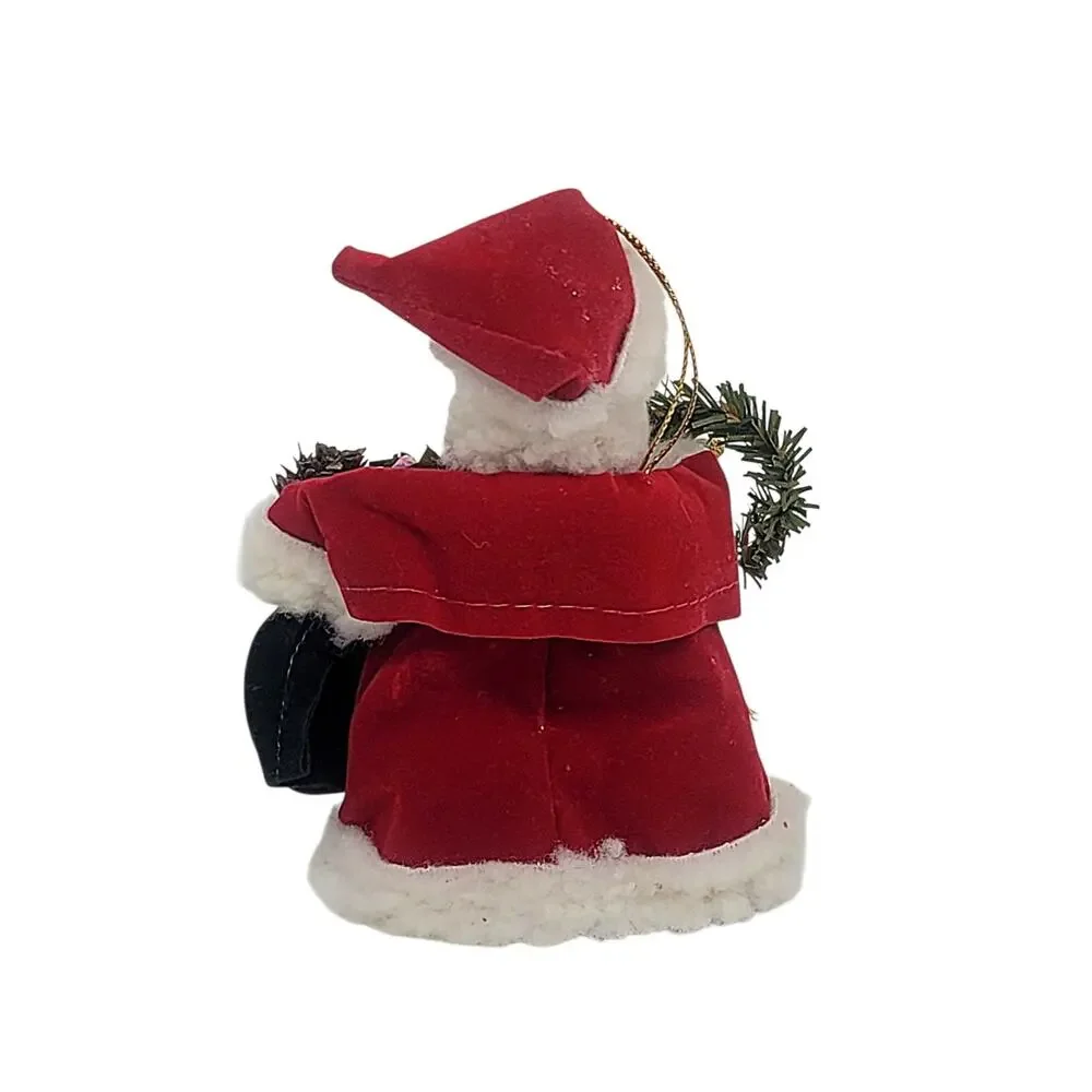 Vtg San Francisco Santa Claus Greenery Velvet Faux Fur Christmas Ornament 5.5